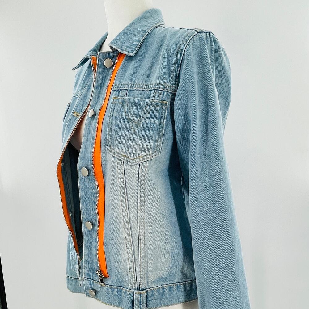 Lee Cooper Vtg 90s Blue Denim Orange Trim Button Asym Zip Classic Jean Jacket M - Picture 6 of 11